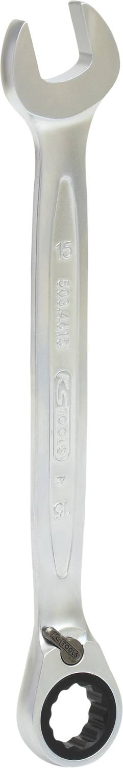 Une clé mixte en argent de 13 mm. La clé possède un côté ouvert et un côté fermé pour différents types de vis.