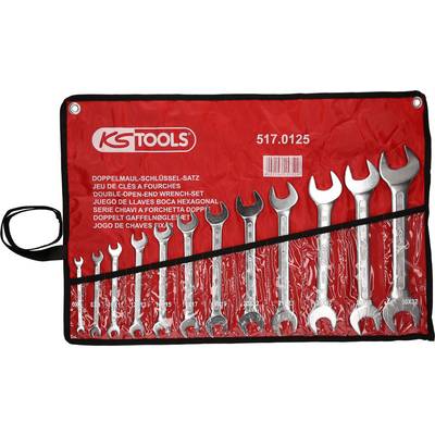 Ensemble d'outils rouge composé de onze clés à double tête dans différentes tailles, rangé dans un boîtier en plastique portant le logo 'KS Tools'.
