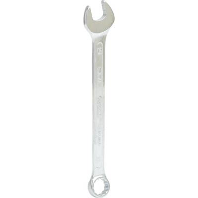 Une clé à double embout en argent avec un côté ouvert et un côté à anneau, utilisée pour desserrer ou serrer des écrous et des boulons.