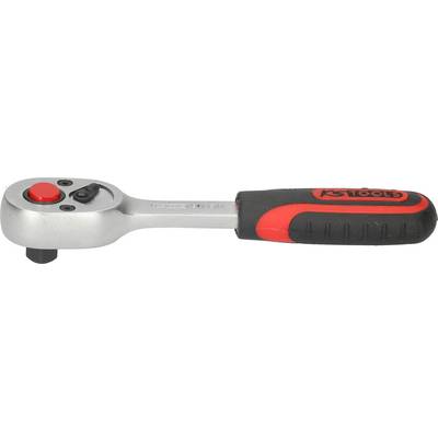 Une cliquette en argent avec une poignée noire et rouge. Un bouton rouge est situé en haut pour changer le sens de rotation.