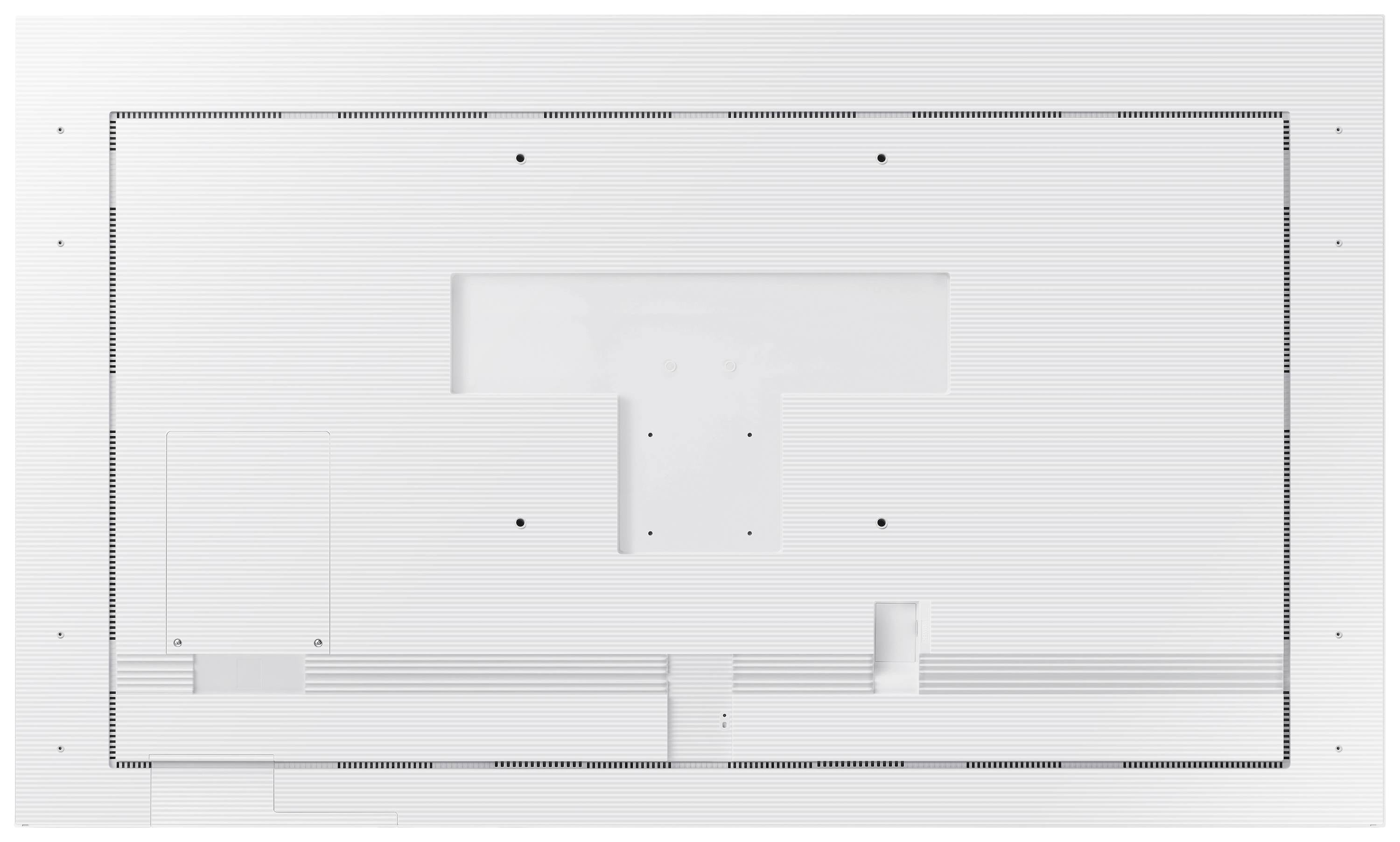 Vue arrière d'un appareil électronique avec une découpe rectangulaire centrale et plusieurs trous de vis, sur un fond blanc.