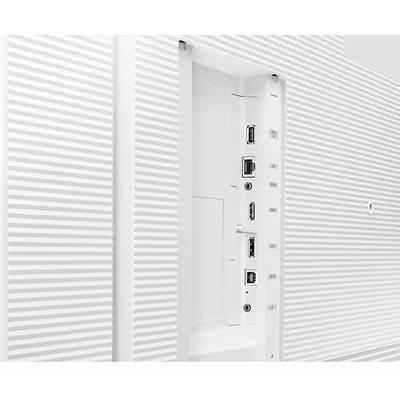 Vue arrière d'un moniteur présentant différentes connexions : HDMI, USB et Ethernet. La surface présente un design strié.