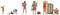 Modèles miniatures de six personnes en maillot de bain : Une femme tient un enfant, un homme porte un bouée de natation, d'autres avec des accessoires de plage.