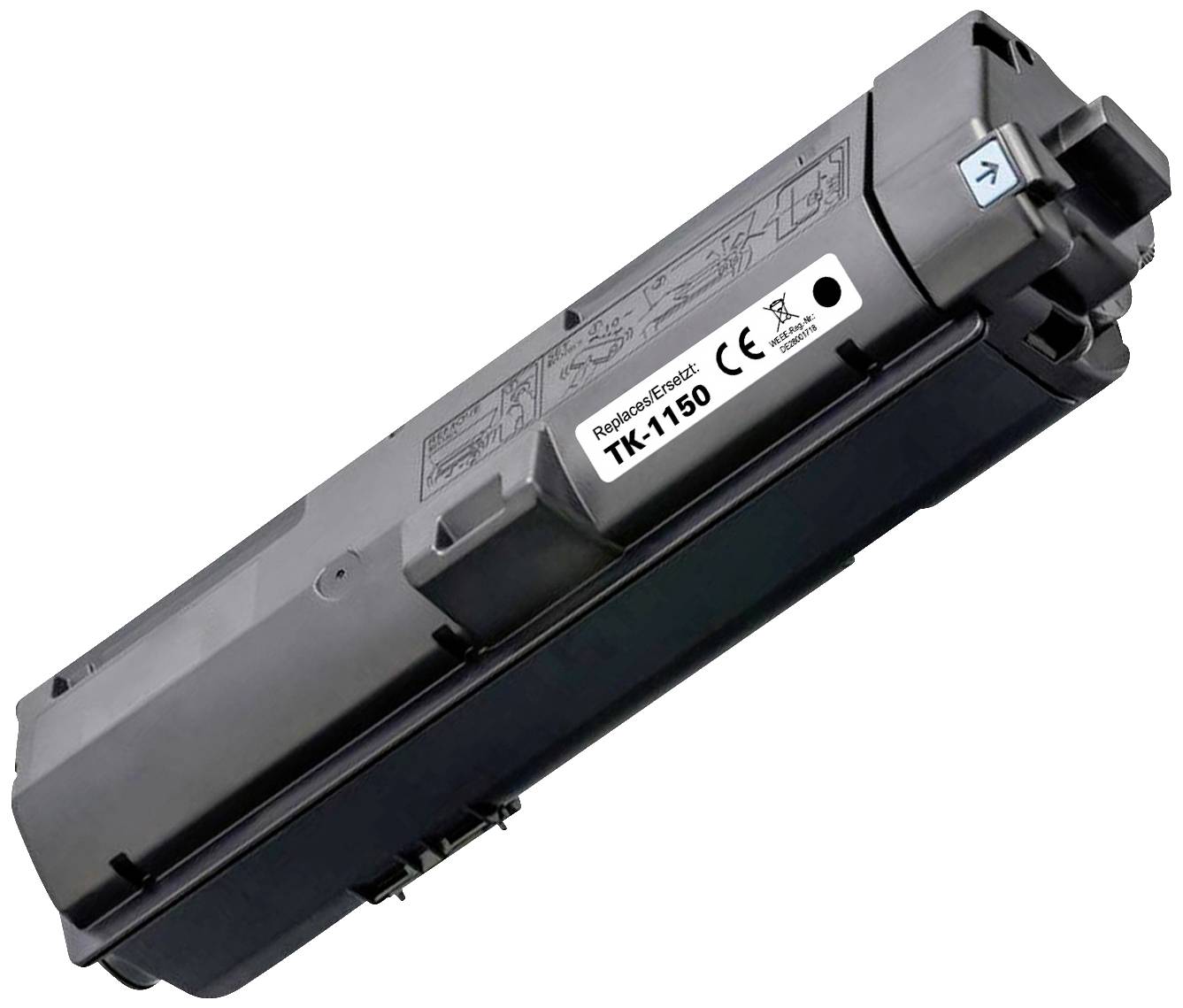 Cartouche de toner noire de la marque Kyocera modèle TK-1150, photographiée en biais, avec désignation du type et marquage CE.
