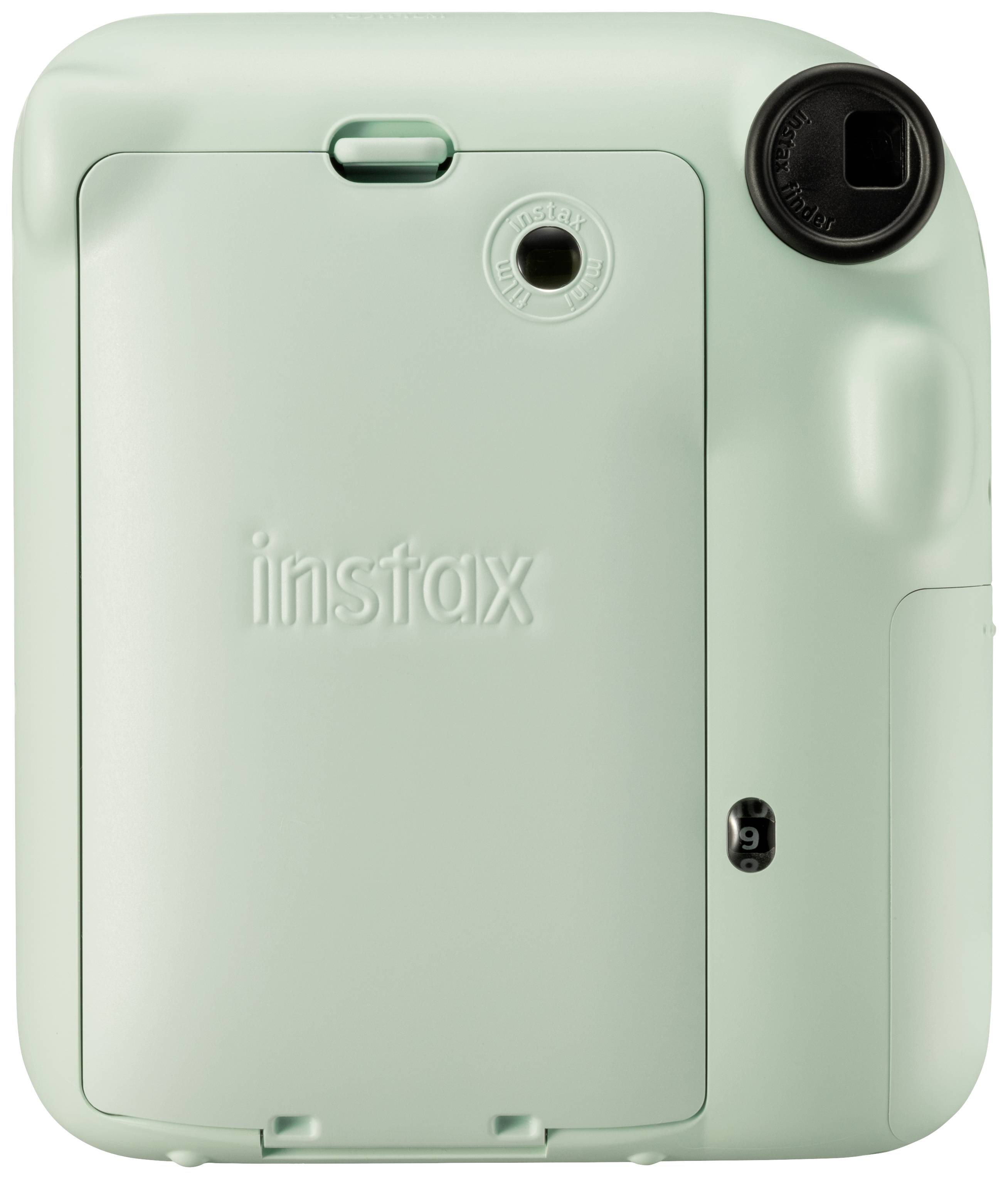 Un appareil photo instantané vert menthe de la marque Instax, vue de dos.