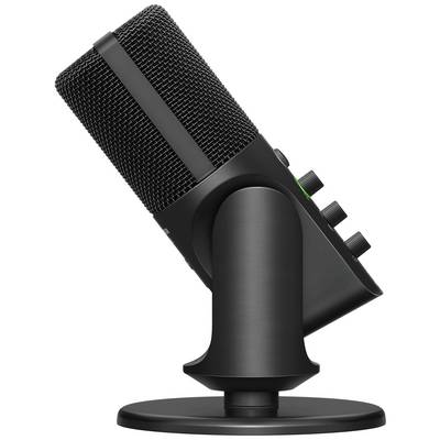 Un microphone de studio noir sur un support, photographié de côté. Il possède plusieurs réglages de volume et de son sur le côté.