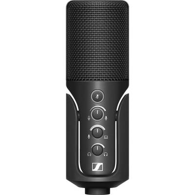 Microphone noir avec plusieurs commandes : boutons de volume et de sourdine, logo en bas.