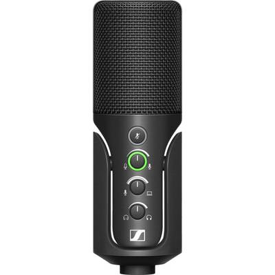 Microphone à condensateur noir avec des commandes intégrées, comprenant une fonction de sourdine et un contrôle de volume, idéal pour les enregistrements audio.