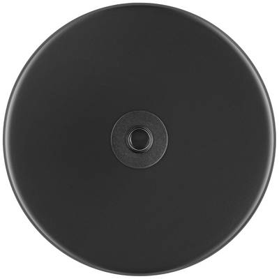 Un objet métallique noir, rond, avec une dépression centrale, probablement un couvercle ou une partie d'un appareil.