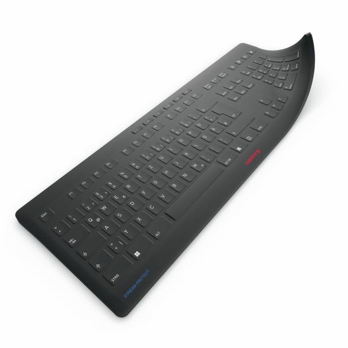 Un clavier noir incurvé et flexible avec un bouton Entrée souligné de bleu et des touches rouges. Design moderne, légèrement courbé.