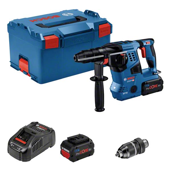 Ensemble de marteau perforateur avec marteau perforateur bleu, batterie rouge, chargeur, mandrin et boîte de transport bleue.