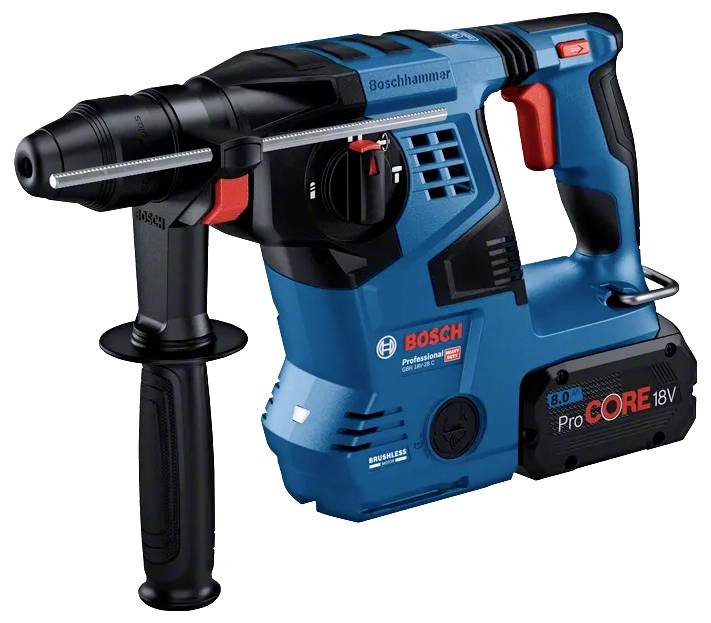 Perceuse à percussion rotative Bosch Professional avec poignée ergonomique et batterie 18V, conçue pour le perçage et le burinage dans le béton et la maçonnerie.