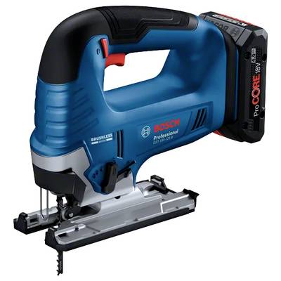 Une scie sauteuse sans fil Bosch en bleu et noir, avec une gâchette rouge et un moteur sans balais, conçue pour des tâches de coupe professionnelles.