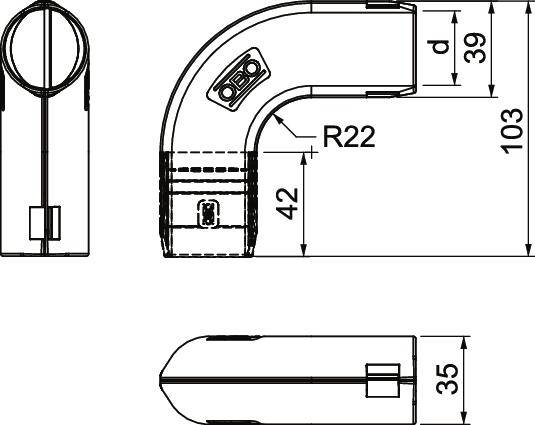 Dessin technique d'un coude de tuyau avec un angle de 90 degrés. Dimensions : rayon 22 mm, largeur 42 mm, hauteur 103 mm, profondeur 39 mm.