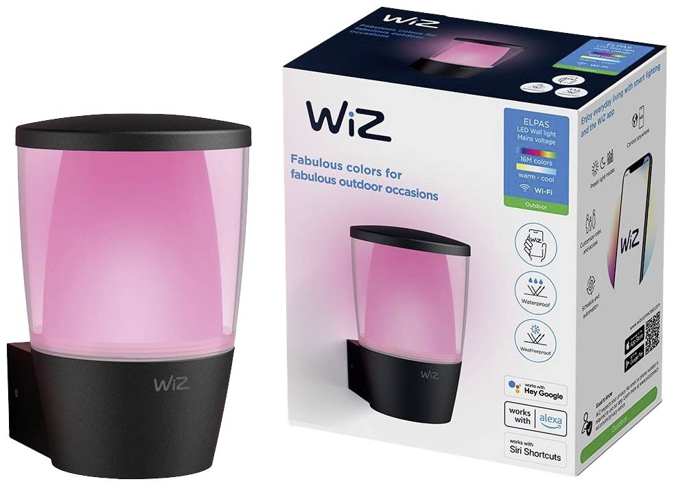 Luminaire extérieur de WiZ avec éclairage LED rose et boîtier noir. L'emballage présente le produit et met en avant sa compatibilité avec les systèmes domotiques.
