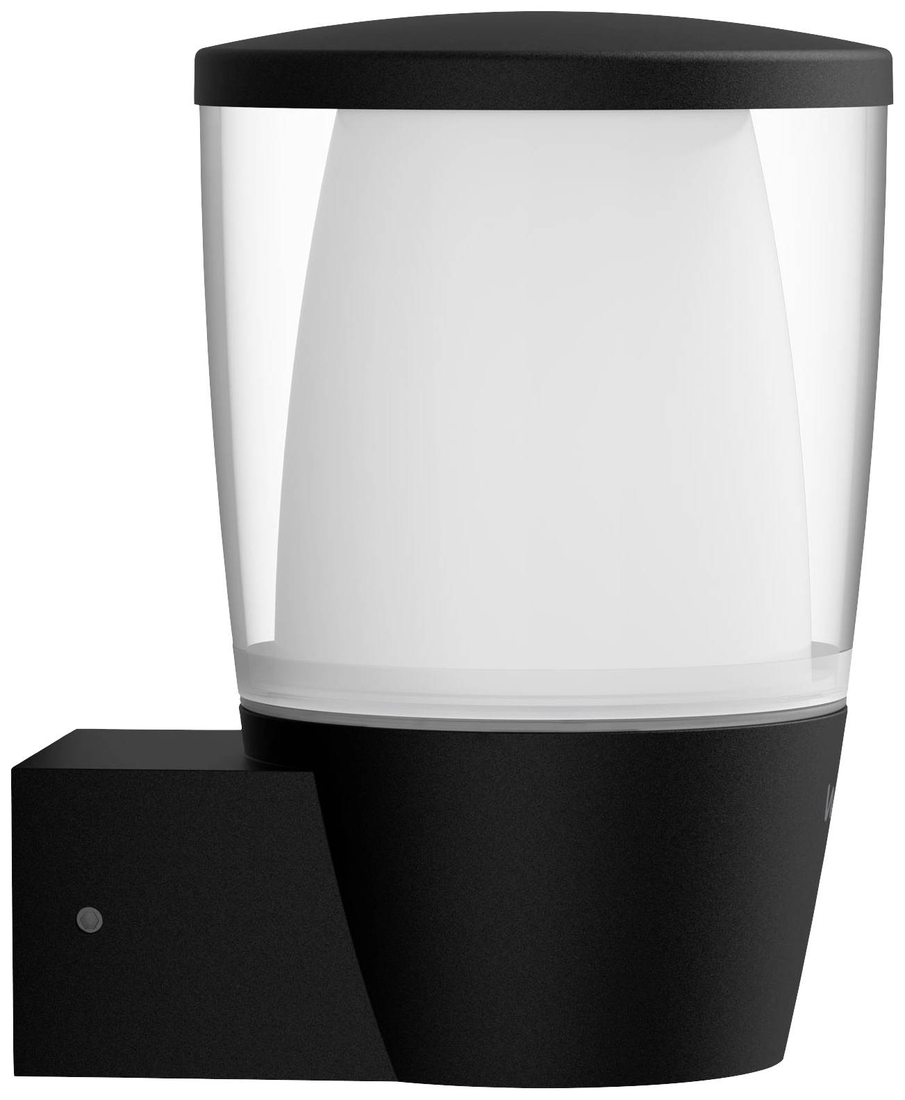 Lampe extérieure moderne noire avec un boîtier semi-cylindrique transparent et un intérieur blanc mat.