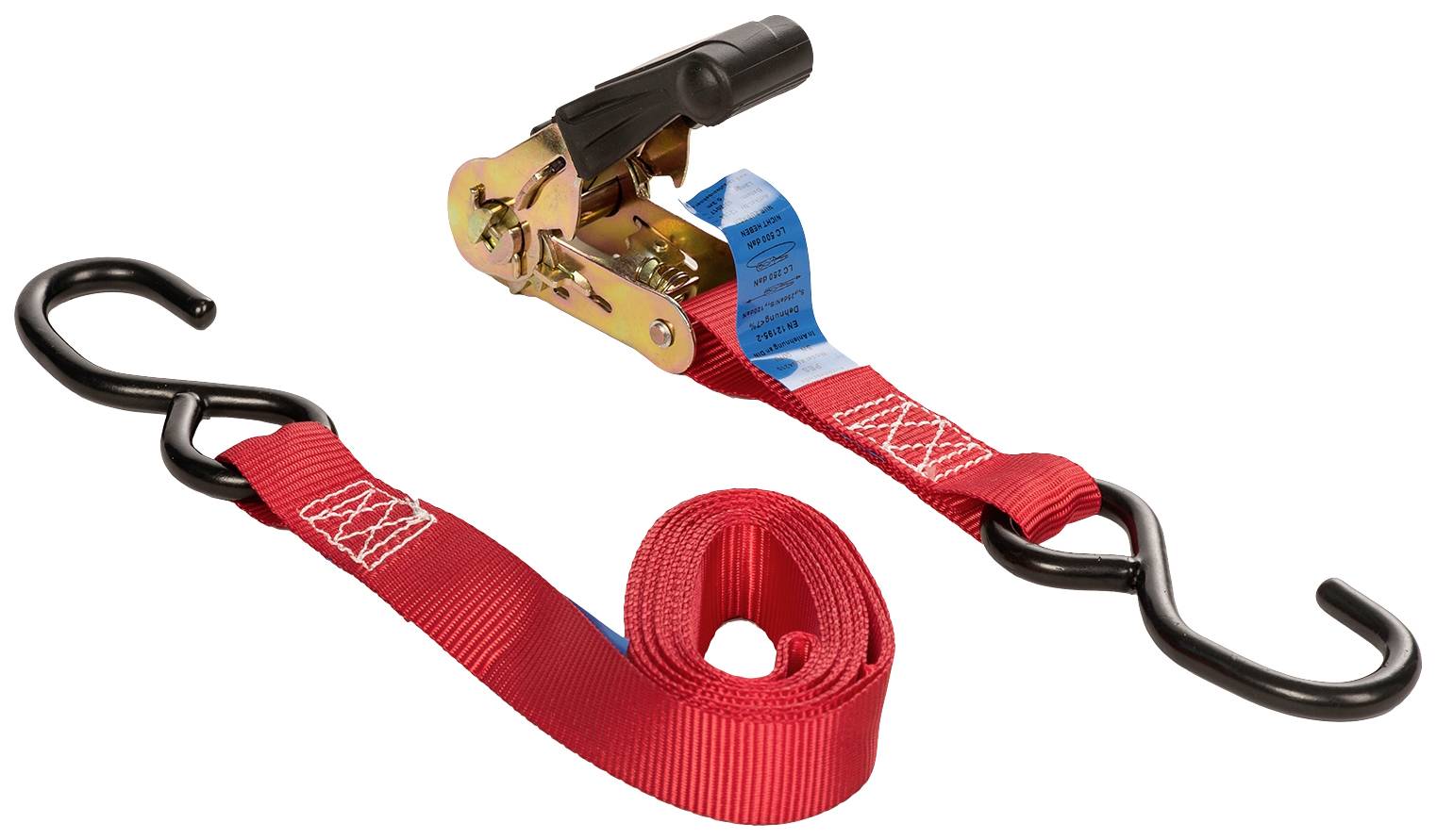 Sangle de sécurité avec crochet noir et ruban rouge, adaptée pour attacher et sécuriser des objets.