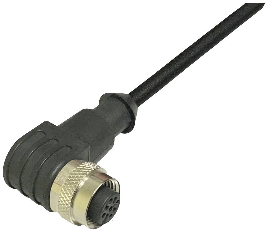 Un connecteur électrique noir coudé avec filetage métallique et câble ; adapté aux applications industrielles.