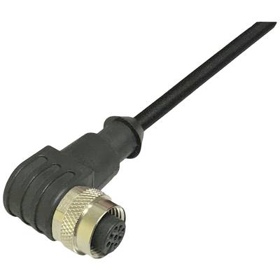 Un connecteur électrique noir coudé avec filetage métallique et câble ; adapté aux applications industrielles.