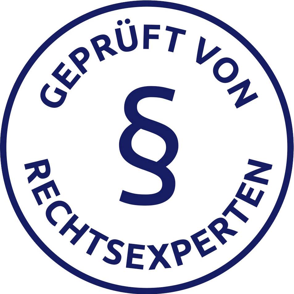 Un logo circulaire avec un symbole de paragraphe au centre, entouré des mots 'Vérifié par des experts juridiques'.