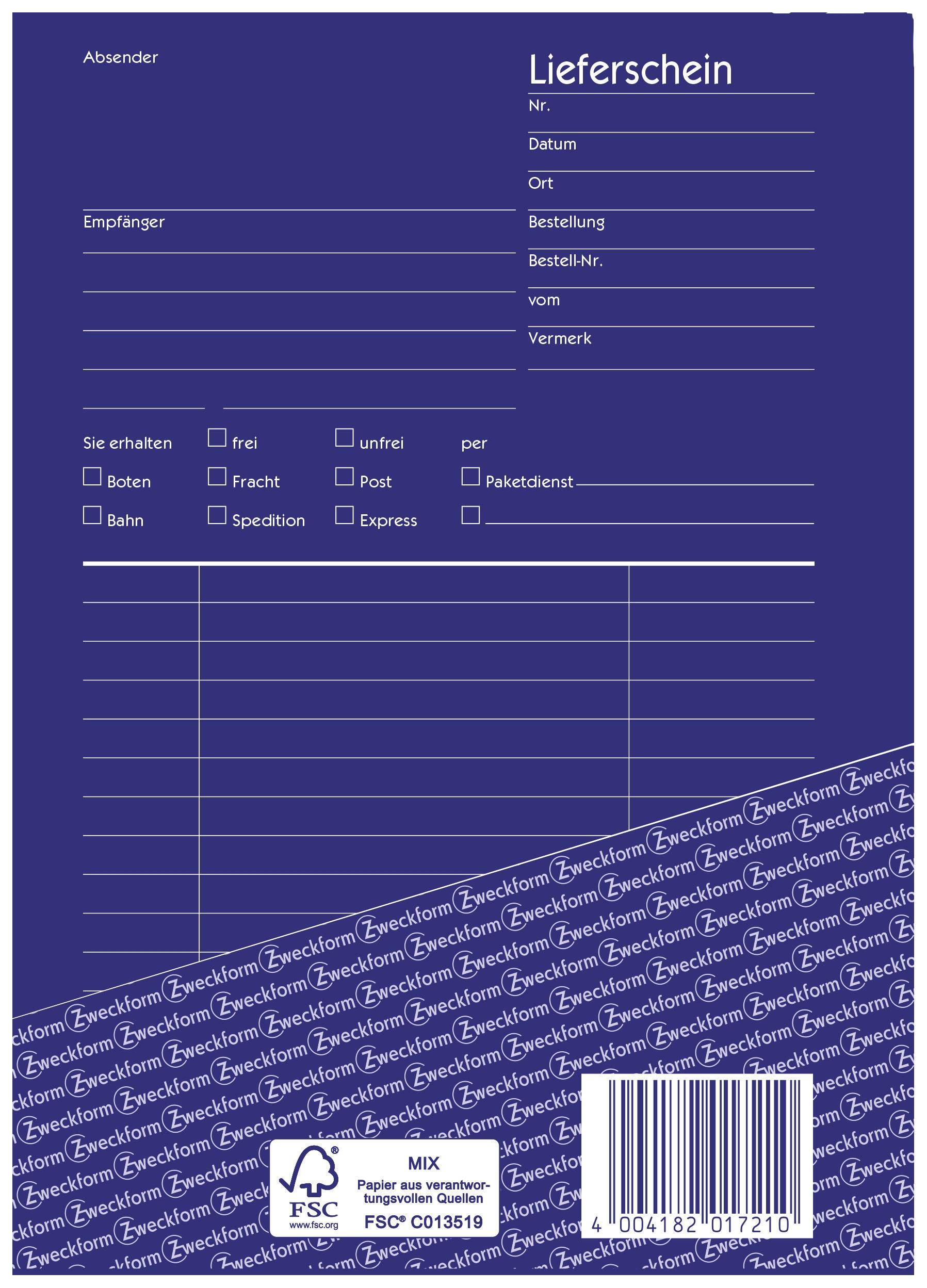 Bon de livraison bleu avec des champs pour l'expéditeur, le destinataire, la date de livraison et le mode d'expédition. Comprend plusieurs lignes pour les détails des articles.