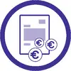 Une icône de document avec trois symboles de l'euro autour, dans un cercle bleu. Pourrait représenter des factures ou des documents financiers.