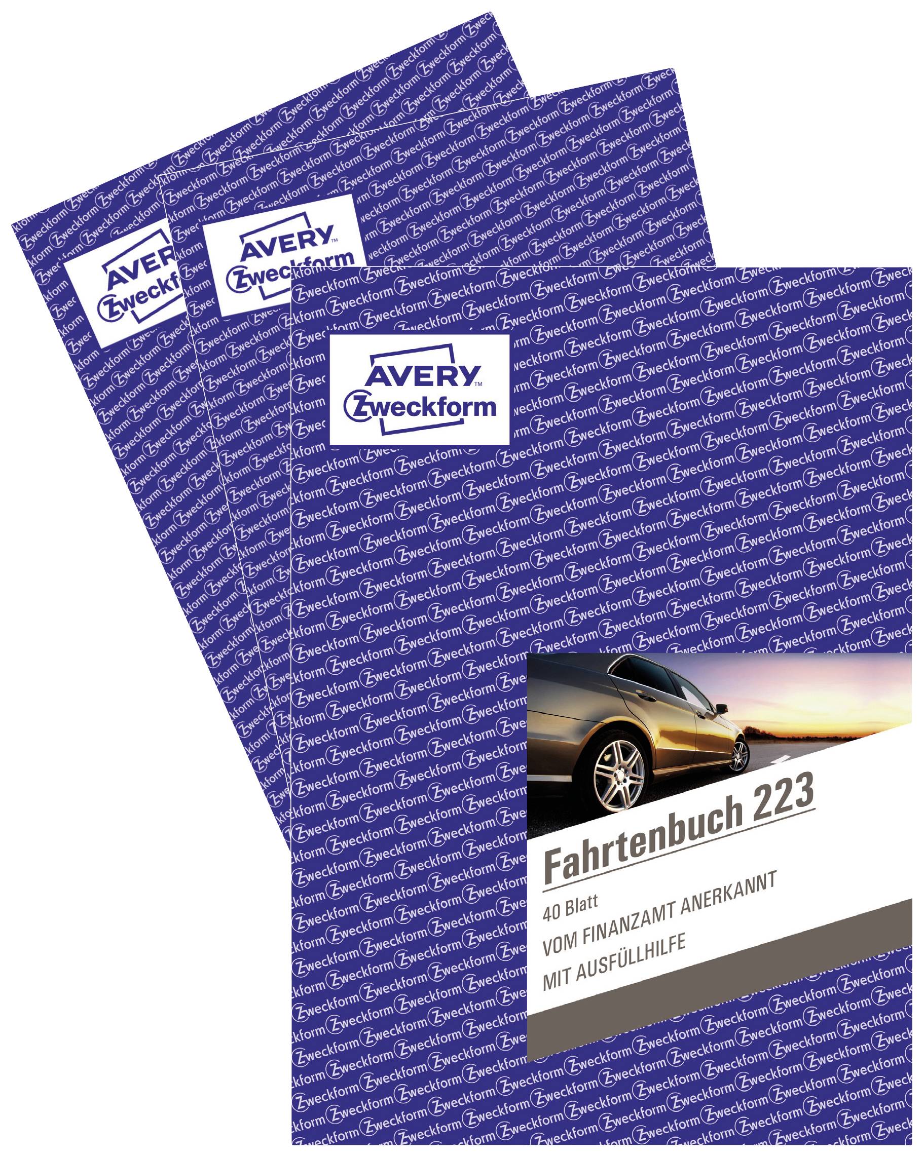 Livre de bord 223 d'Avery Zweckform, 40 feuilles, reconnu par l'administration fiscale (VDM), avec aide au remplissage. Couverture illustrée d'une voiture.