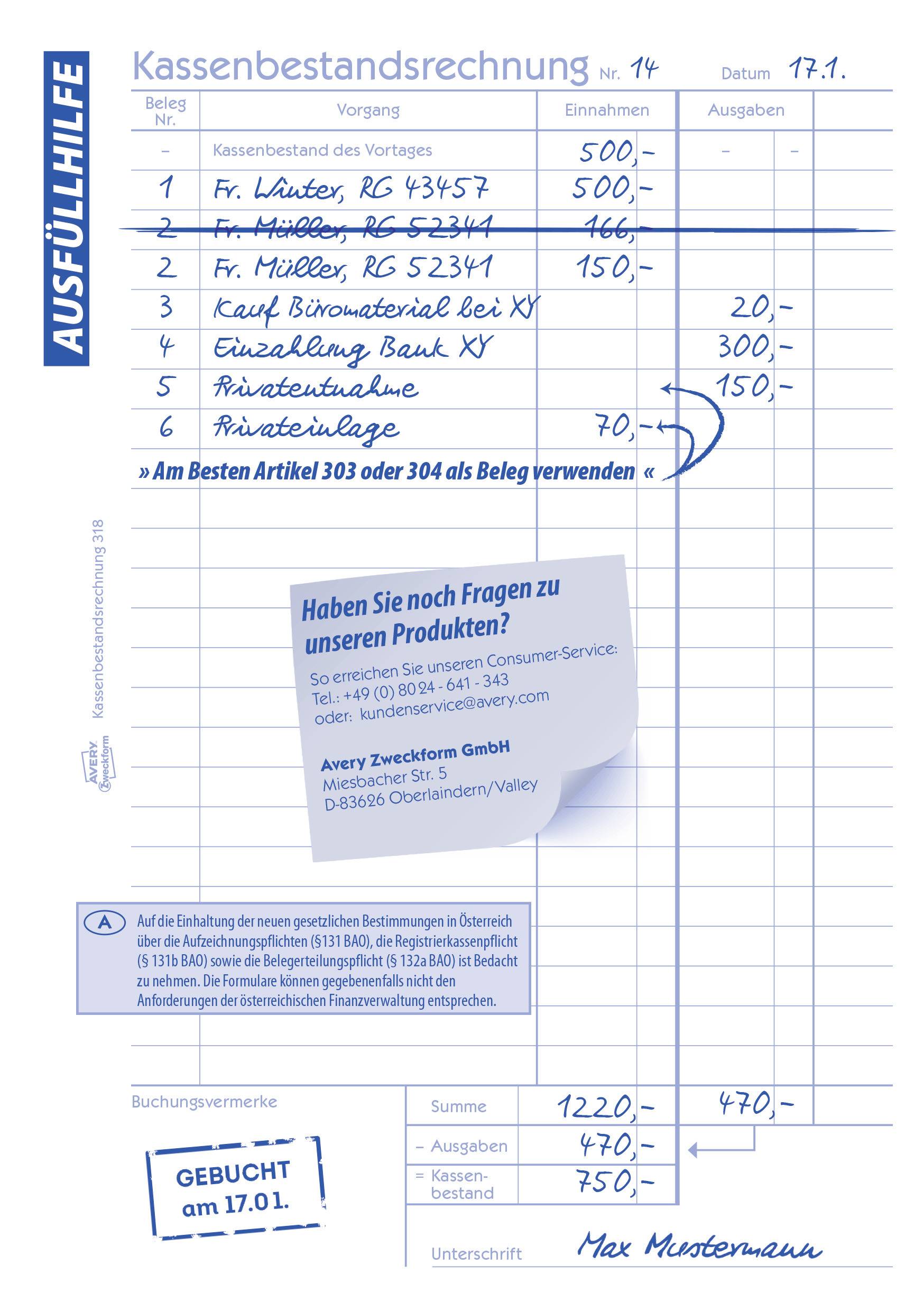 Le 'Relevé de caisse' présente les entrées et sorties de fonds avec la date et la signature. Contient des notes et les coordonnées de la société Avery Zweckform GmbH.
