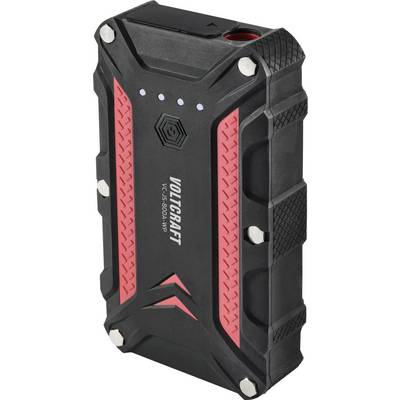 Powerbank portable noir et rouge au design robuste, adaptée à une utilisation en extérieur. Nom de marque et numéro de modèle sur la face avant.
