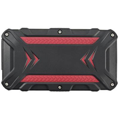 Appareil noir et robuste avec des accents rouges, entouré de poignées structurées. Le design suggère potentiellement une fonction d'extérieur ou de protection.