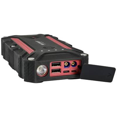 Une batterie externe noire portable avec des connecteurs marqués en rouge pour l'entrée et la sortie, ainsi qu'une petite lampe de poche sur le côté.