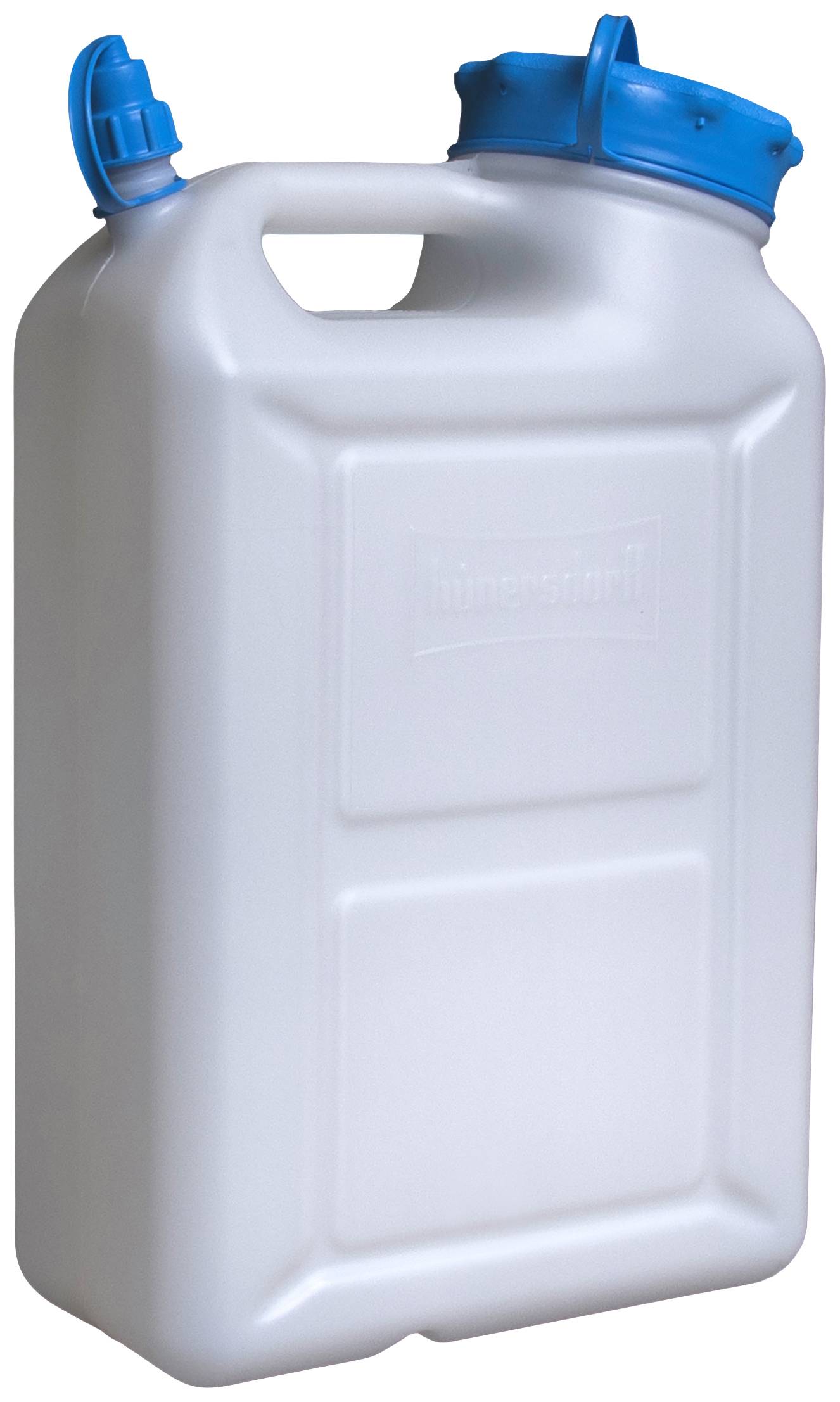 Un bidon blanc avec un couvercle et une poignée bleus, adapté au stockage de liquides.