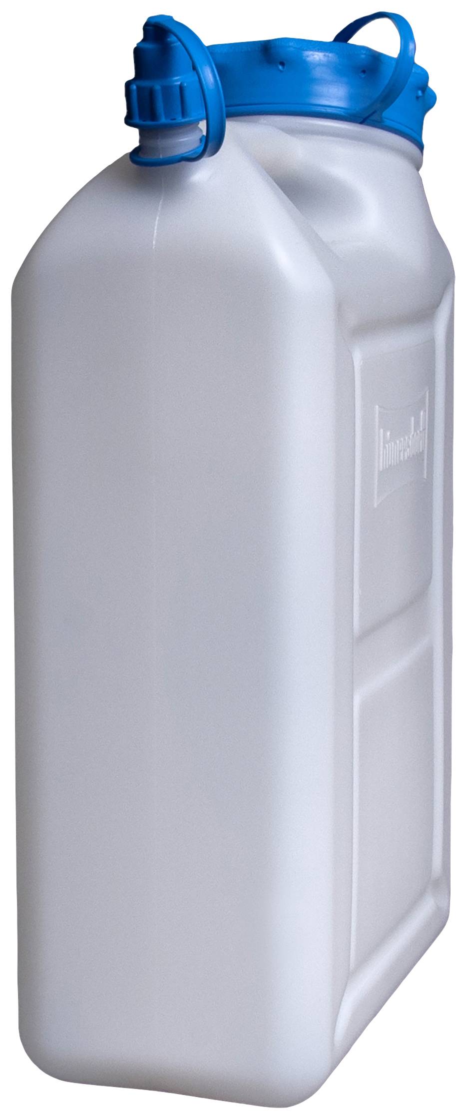 Un bidon blanc avec un couvercle bleu fermé. Le récipient dispose d'une poignée robuste, adapté au stockage de liquides.
