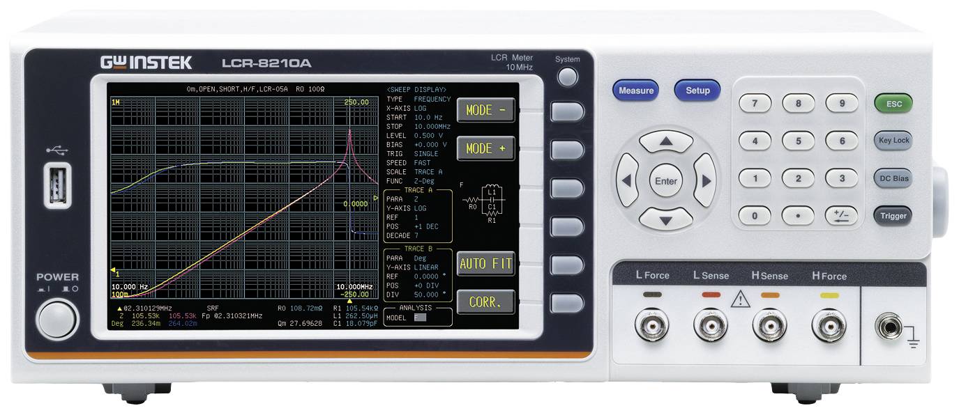 Appareil de mesure avec affichage numérique montrant les valeurs électriques et les graphiques. Boutons de commande situés à droite de l'écran.