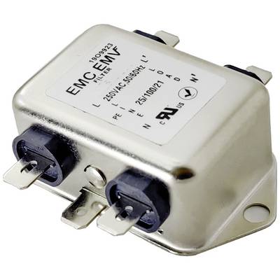 Boîtier métallique d'un filtre électrique portant l'inscription 'EMC EMI FILTER', 250V/AC, montrant les spécifications techniques et les marques de certification.