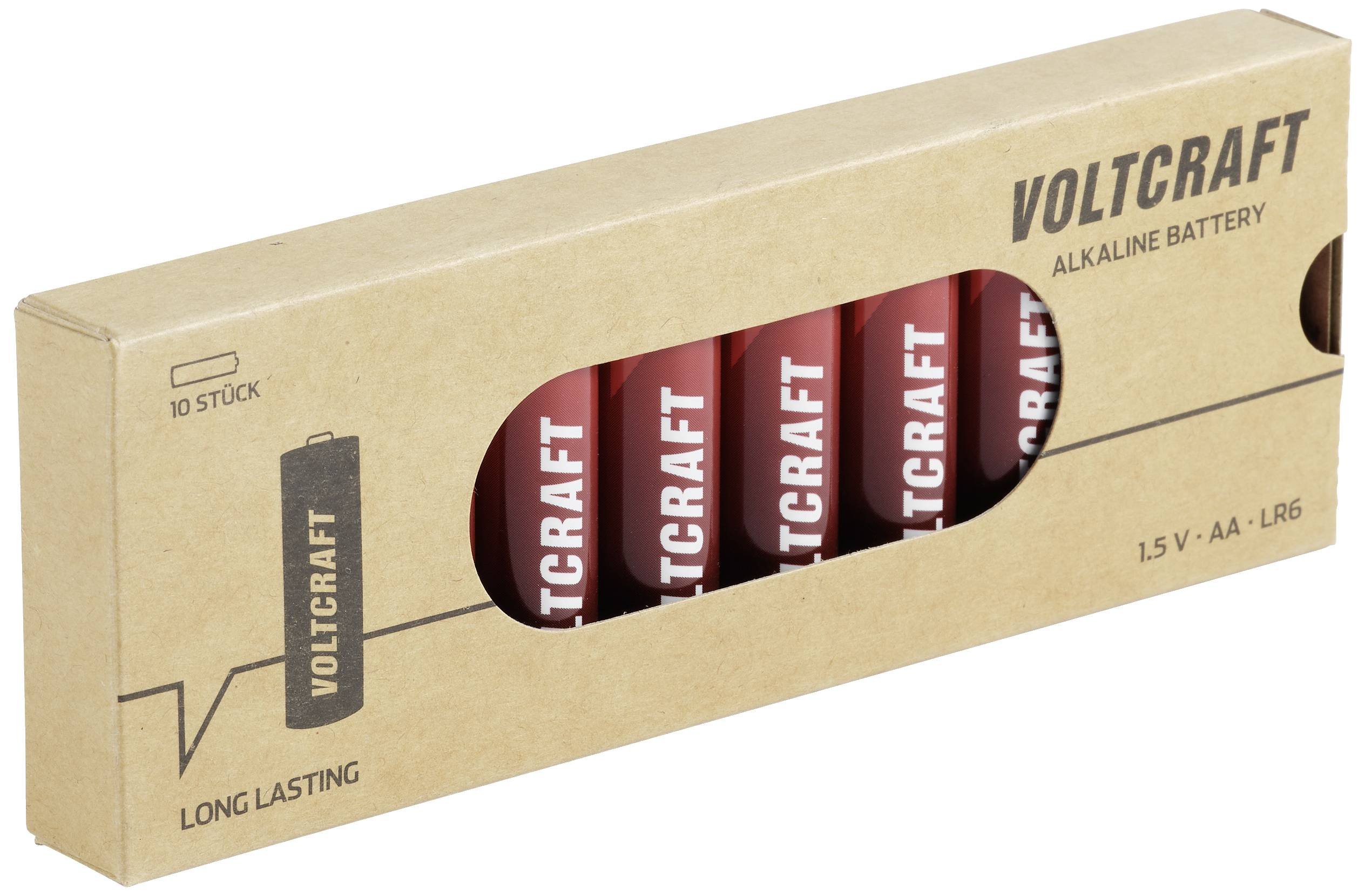 Un pack de dix piles alcalines Voltcraft de taille AA, 1,5 V. Plusieurs piles rouges sont visibles à travers une fenêtre de l'emballage.