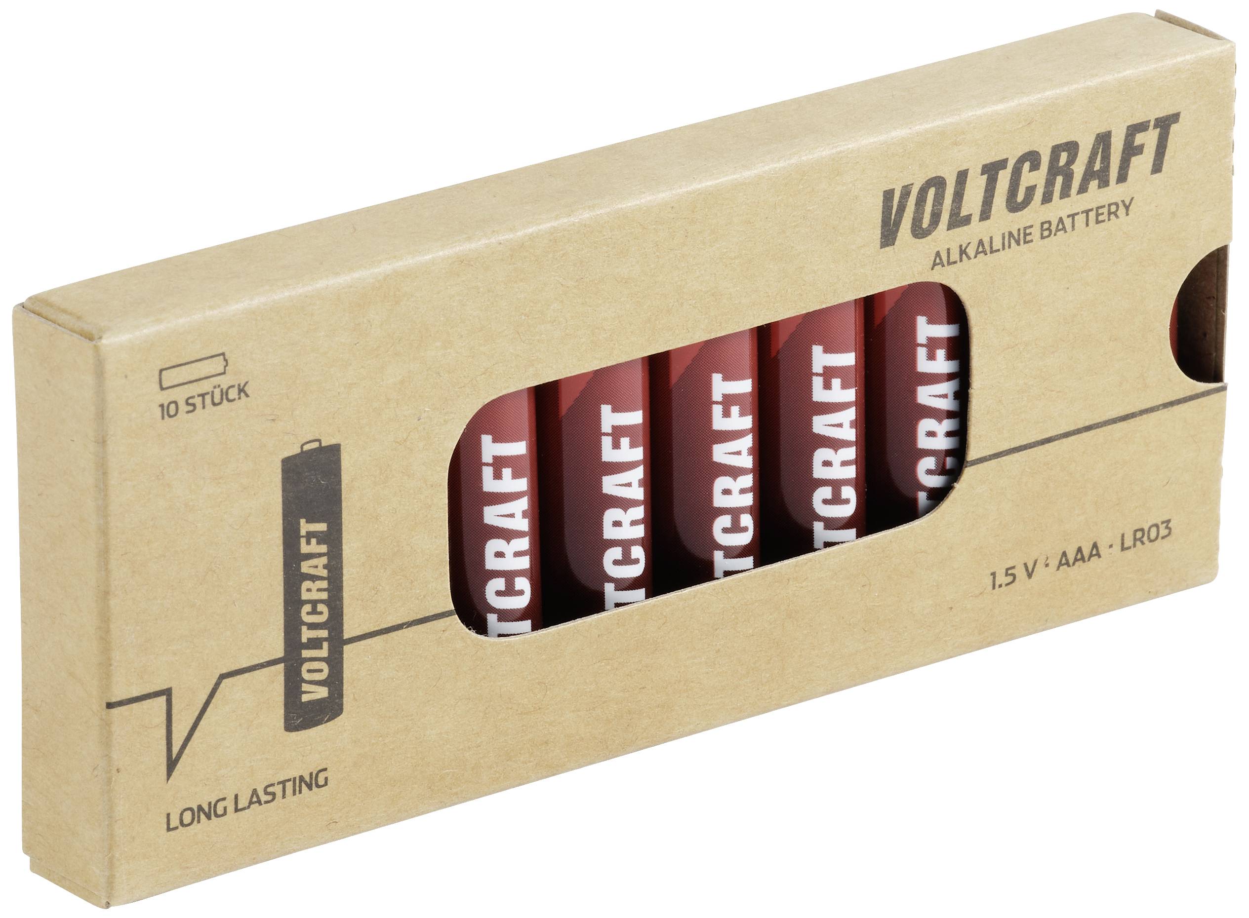 Lot de 10 piles alcalines Voltcraft, 1,5 V, type AAA (LR03), dans un emballage marron.