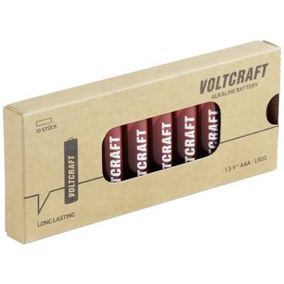 Lot de 10 piles alcalines Voltcraft, 1,5 V, type AAA (LR03), dans un emballage marron.