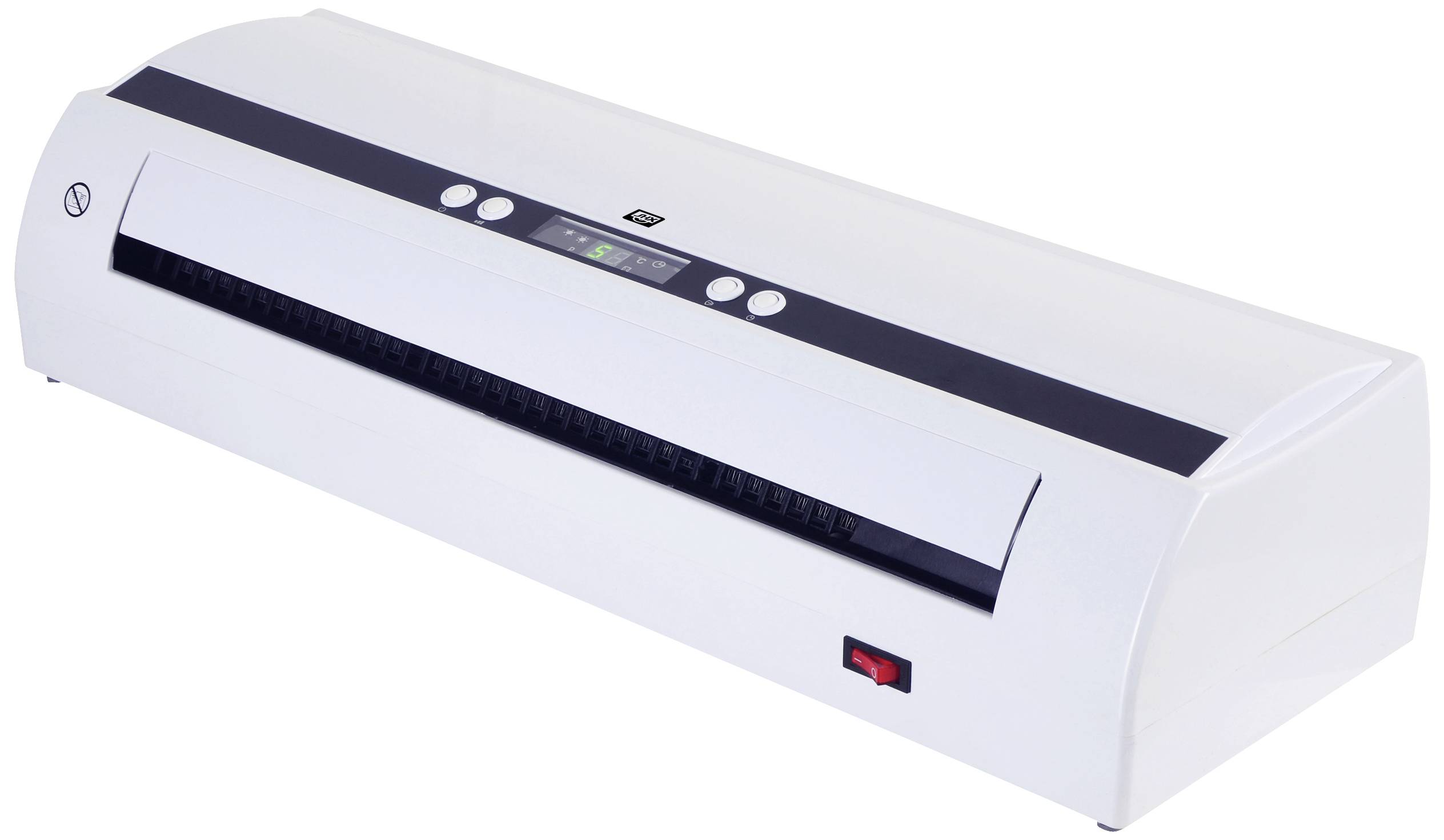 Machine à laminer blanche avec des commandes et un affichage numérique sur le dessus. Elle dispose d'une fente pour papier sur la face avant.