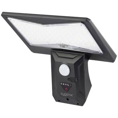 Une lampe de sécurité LED noire avec détecteur de mouvement et commande intégrée. Nom de marque 'Sygonix' sur la face avant.