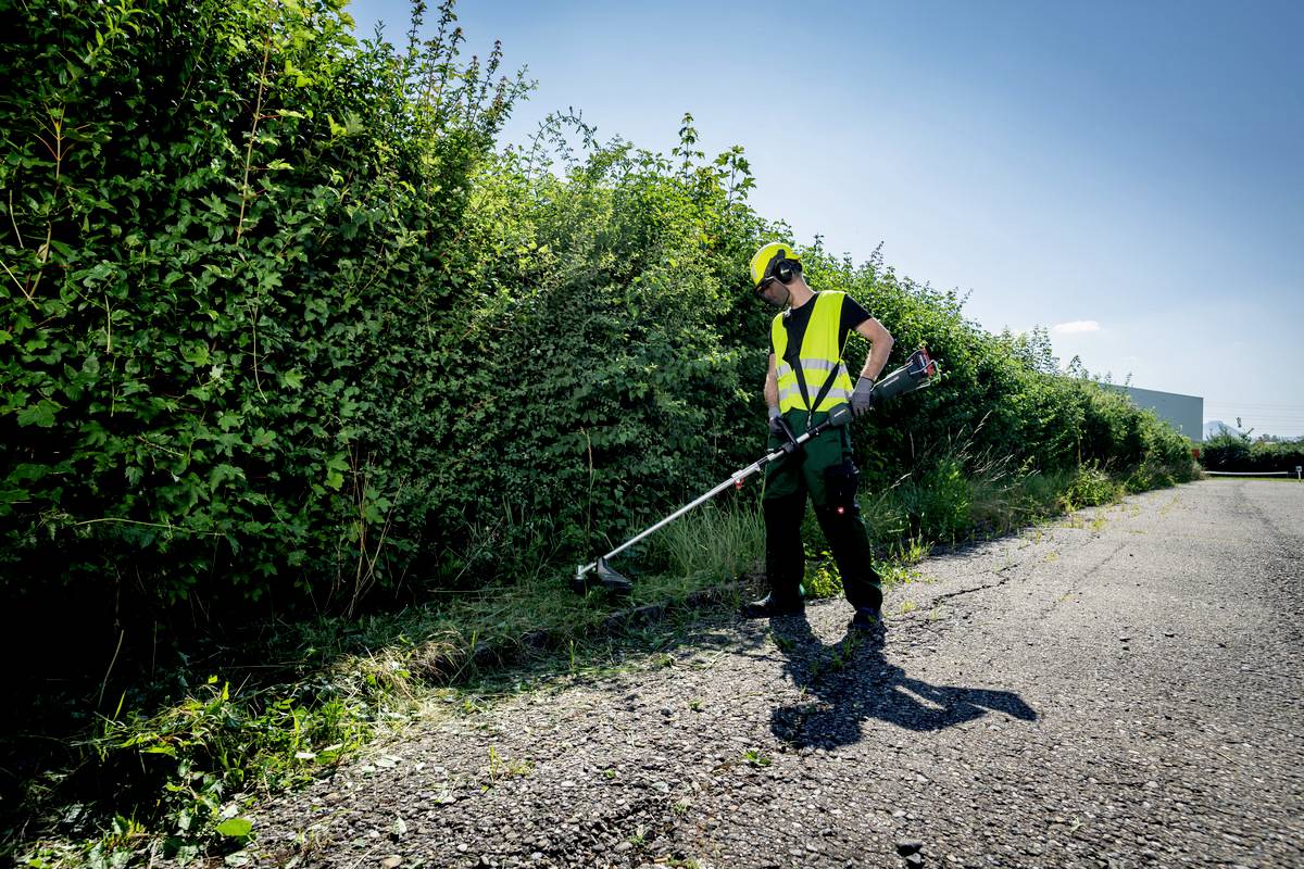 Une personne portant des vêtements de sécurité taille une haie avec un débroussailleur par une journée ensoleillée. Une route est visible en arrière-plan.