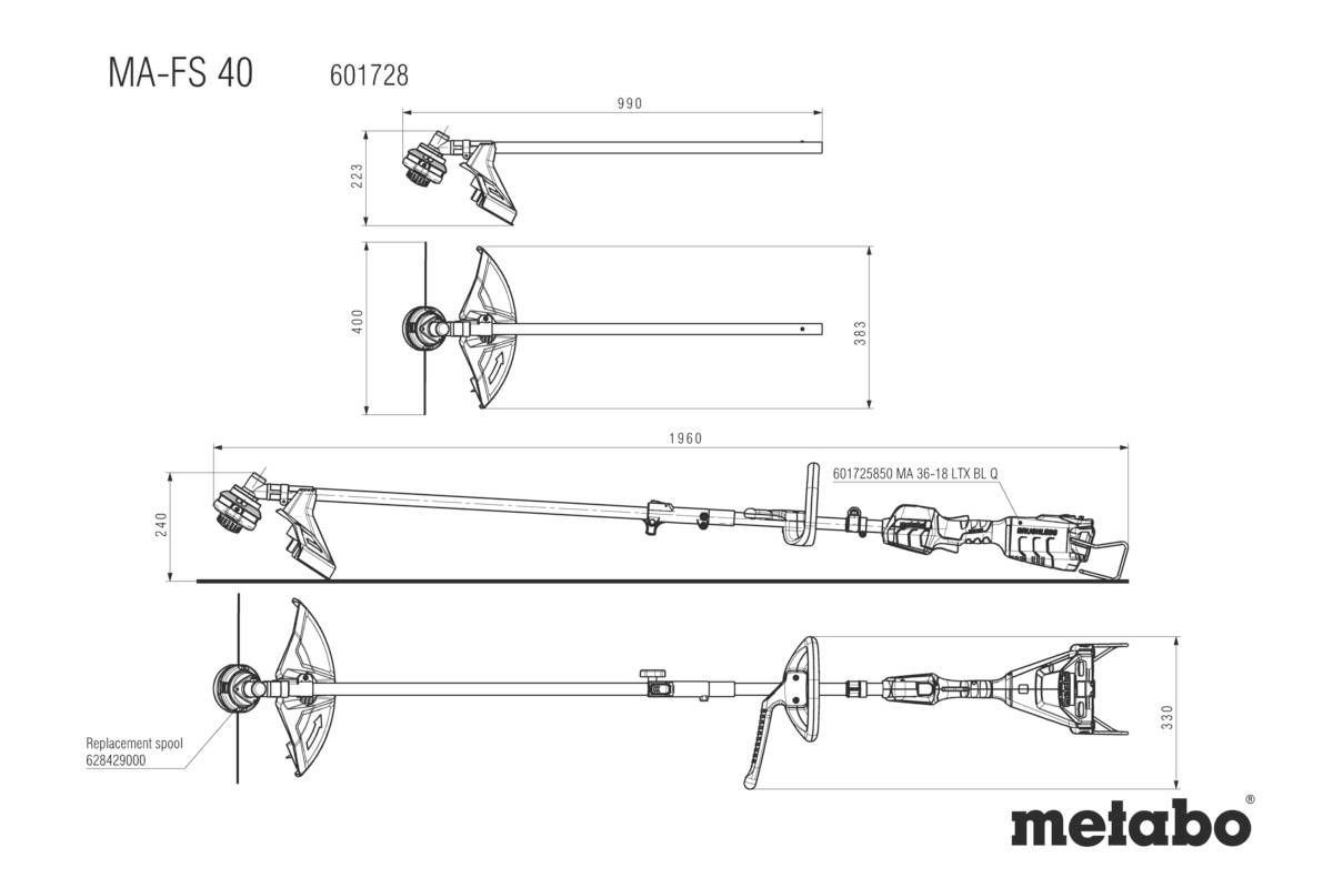 Dessin d'un outil de jardin avec des dimensions détaillées : longueur 1910 mm, tête de fil, bobine de rechange. Nom de marque 'Metabo' en bas à droite.