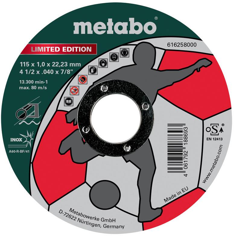 Emballage de disque de coupe Metabo édition limitée avec un coureur en silhouette, spécifications du produit et code-barres sur une étiquette rouge, grise et verte.