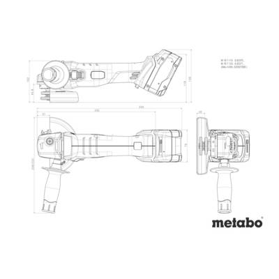 Dessin technique d'une meuleuse d'angle Metabo sous différents angles. Les dimensions et les détails de construction sont indiqués.