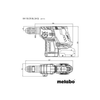 Dessin technique d'un marteau perforateur Metabo, modèle KH 18 LTX BL 24 Q, avec dimensions et détails des vues latérale et de dessus.