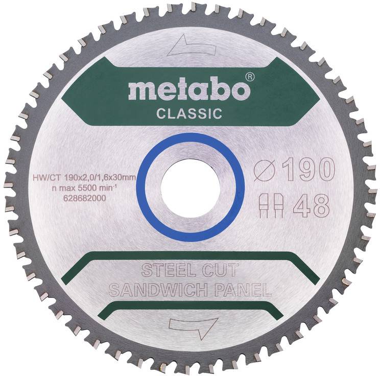 Lame de scie pour scie à panneaux circulaire Metabo Classic en acier découpé avec diamètre de 190 mm et 48 dents.