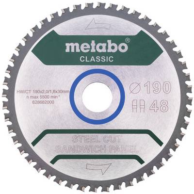 Lame de scie pour scie à panneaux circulaire Metabo Classic en acier découpé avec diamètre de 190 mm et 48 dents.