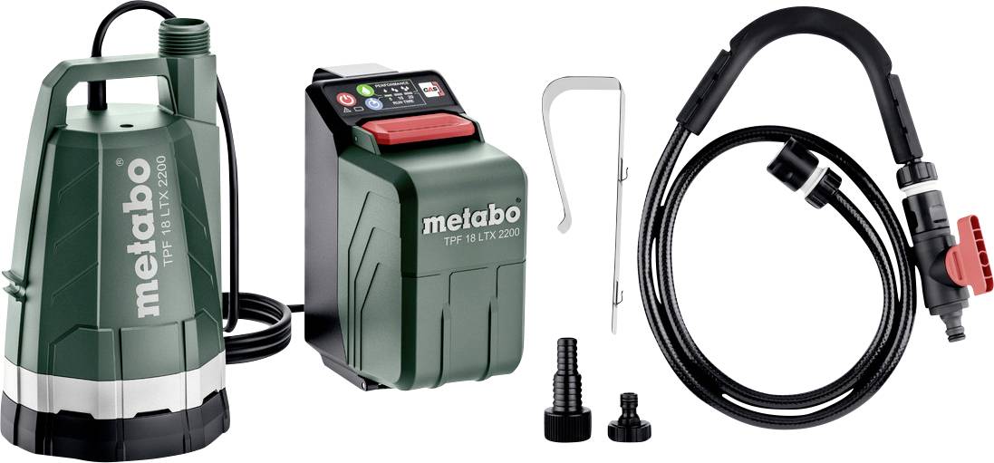 Kit de pompe submersible Metabo avec unité de commande, tuyau et adaptateurs, présenté comme un ensemble de produits.