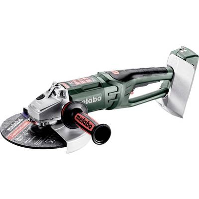 Meuleuse d'angle sans fil Metabo avec disque de coupe, poignée latérale et système de collecte des poussières sur fond blanc