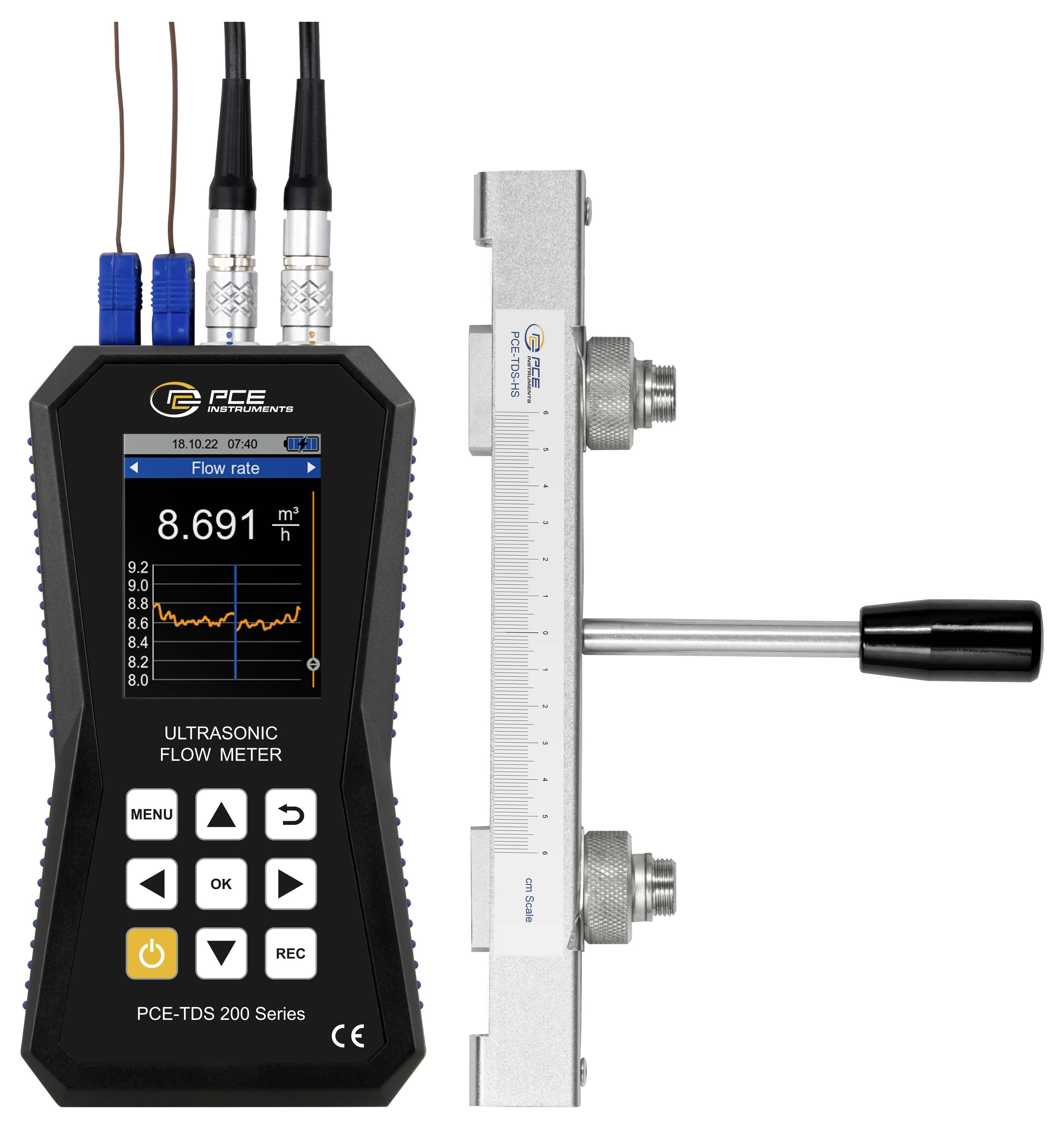 Affichage du débitmètre à ultrasons et ensemble capteur montrant une lecture du débit actuel de 8,691 m³/h avec boutons de commande et connexions de sonde.